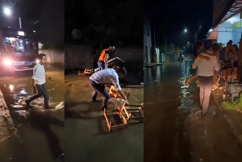 Prefeito desobstrui via alagada, carrega crianças no colo e monitora pontos críticos em Linhares