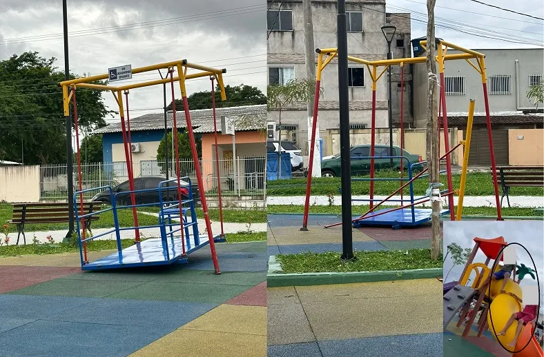Brinquedos quebrados na Praça do Interlagos revolta morador de Linhares. “É praça nova”