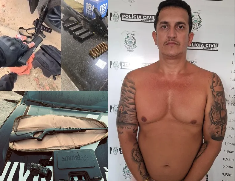Homem preso e armas apreendidas pela PC de Sooretama e Linhares. “Disse que foram furtadas”