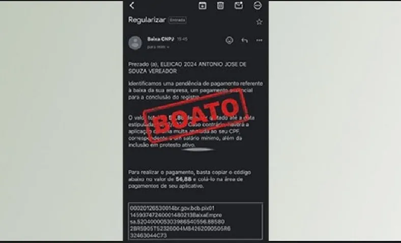 É falsa mensagem de cobrança para dar baixa no CNPJ de campanha