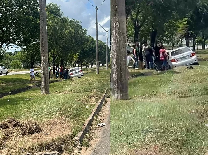 Carro vai parar no canteiro da BR-101 em Linhares. Samu atendeu vítima
