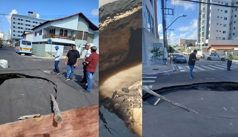 Água jorra em “buracão” na tubulação no Centro de Linhares. “Já tô sem água”