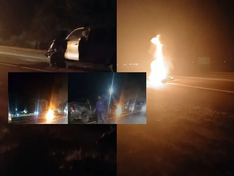 Acidente com mortes na BR-101, em Bebedouro, Linhares: Moto pegou fogo
