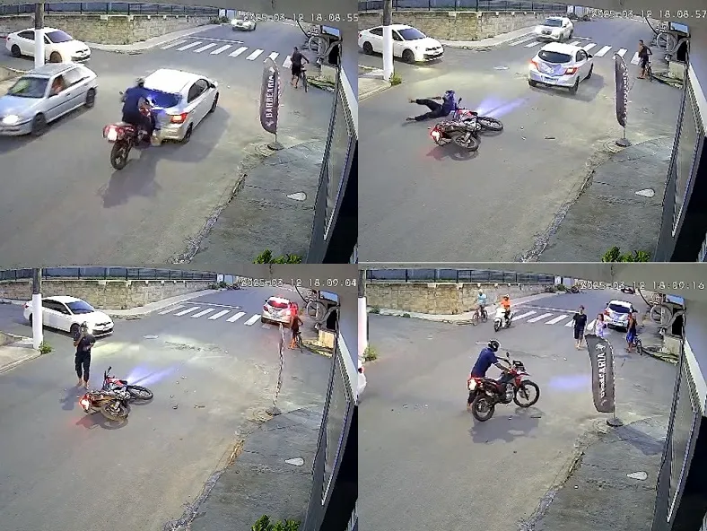 Incrível: Motociclista empurra moto, ileso, após acidente em movimentado trevo de Linhares