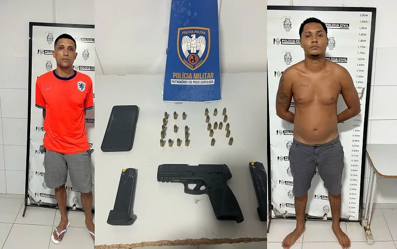 Pistola e suspeitos levados para a delegacia de Linhares. Um estava com mandado