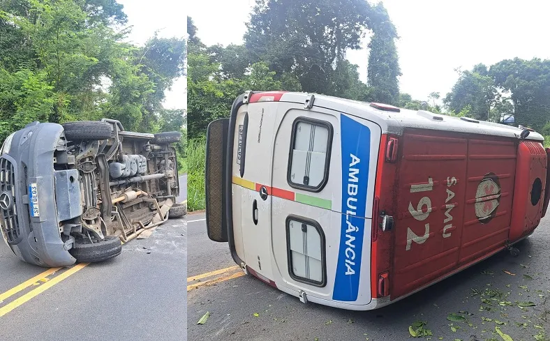 Ambulância do Samu tomba em rodovia no interior de Linhares