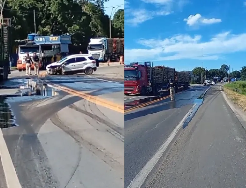 Acidente entre carreta e carro de passeio bem em frente ao posto da PRF Linhares