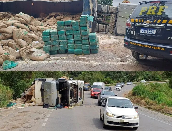 BR-262: Carreta carregada de arroz e maconha tomba em Marechal Floriano