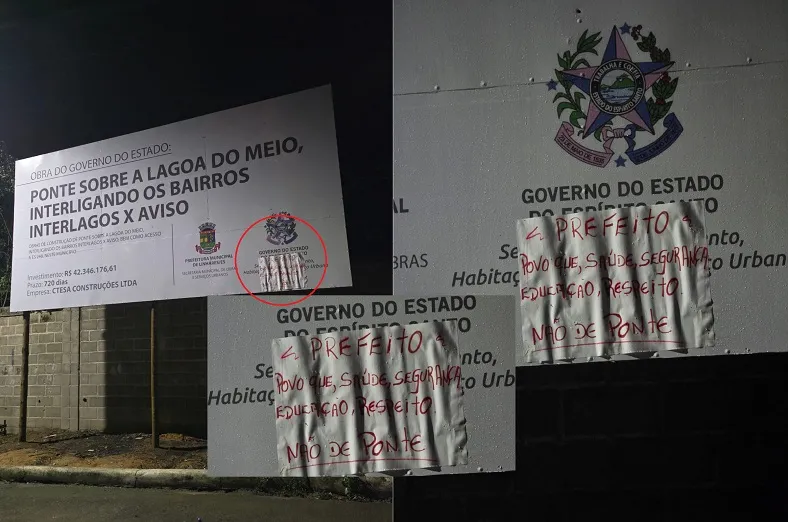 Recado sincerão chama a atenção em placa anunciando obra em Linhares