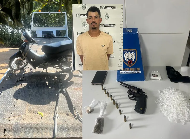 Moto roubada, arma municiada e drogas apreendidas pelo G.A. no Farias, Linhares