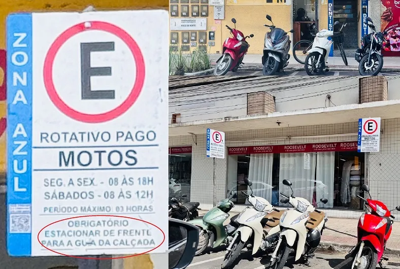 E a placa? Motos “de frente” (para a rua) chamam a atenção em estacionamento rotativo de Linhares