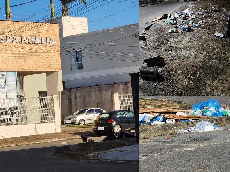Lixo, urubus, ratos, e bem em frente à Unidade de Saúde em Linhares: “Limpeza será feita ainda hoje”