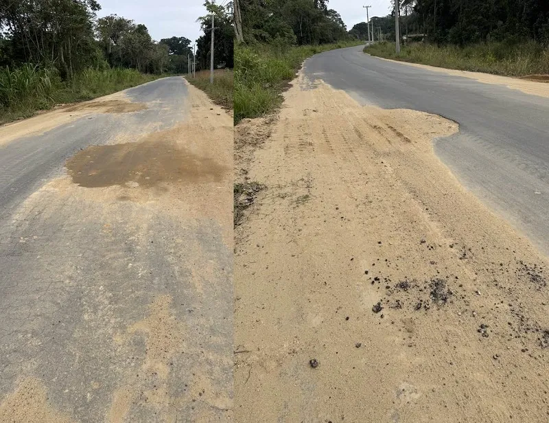 Povoação e região com asfalto esburacado em Linhares. “O asfalto é recente”