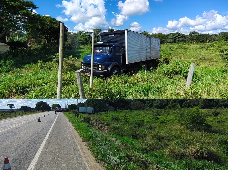 Caminhão sai da Estrada do Pontal, derruba cerca e vai parar na vegetação