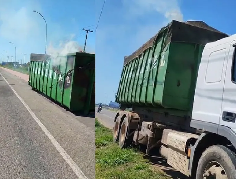 Caçamba de caminhão pega fogo e falta de acostamento aumenta risco de acidente na Estrada do Pontal, Linhares