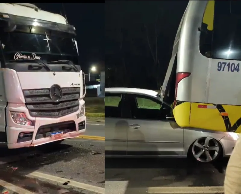 Carro fica preso embaixo de micro-ônibus após ser atingido por carreta em Sooretama