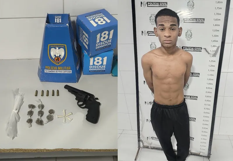 Arma, munições e drogas apreendidas, e jovem levado para a Delegacia de Linhares