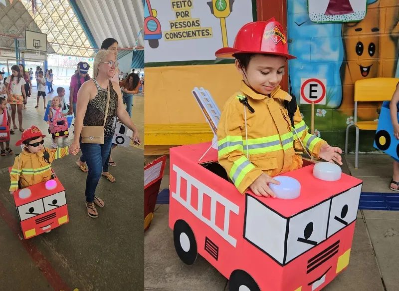 Ele teve os pais salvos pelos Bombeiros em acidente. Agora se “veste” de viatura em evento sobre trânsito em Linhares
