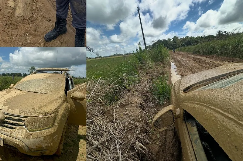 Viatura fica ‘presa’ em atoleiro, é empurrada por policiais e rebocada por trator em Linhares