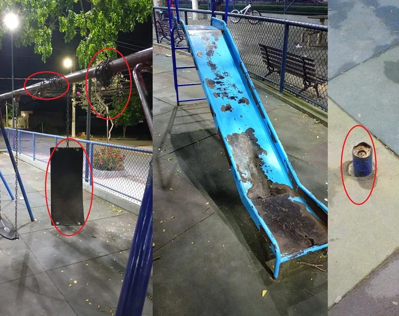 Praça ‘detonada’ em Linhares. “Como meu filho brinca aqui?”