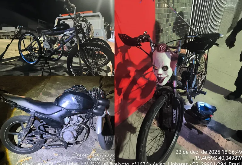 Moto e bikes barulhentas apreendidas pela GCM no Aviso, Linhares