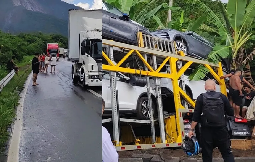 Ônibus de turismo e três caminhões em cena de acidente na BR-101