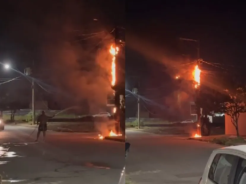 Fogo na rede elétrica no Lagoa Park, Linhares... e morador resolve com mangueira