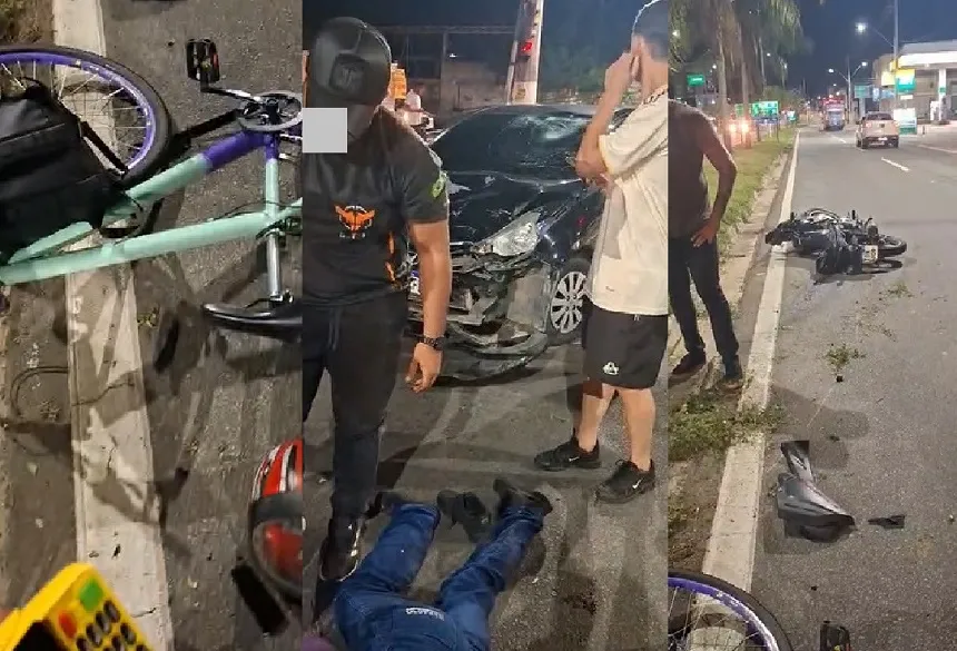 Acidente na BR-101, Linhares. Vítima e moto caídas no asfalto