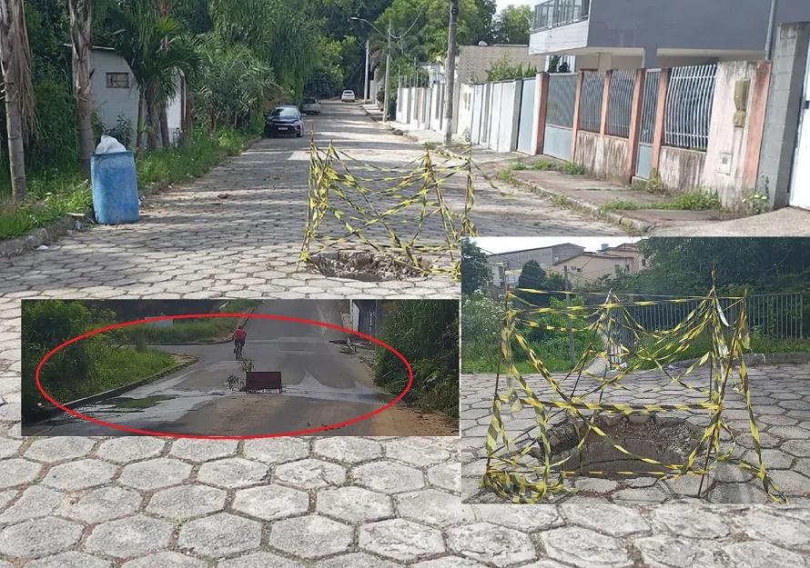 Bueiro aberto, buracos nas ruas. “É aqui na Fonte Grande, e o esgoto vai tudo para as nascentes”