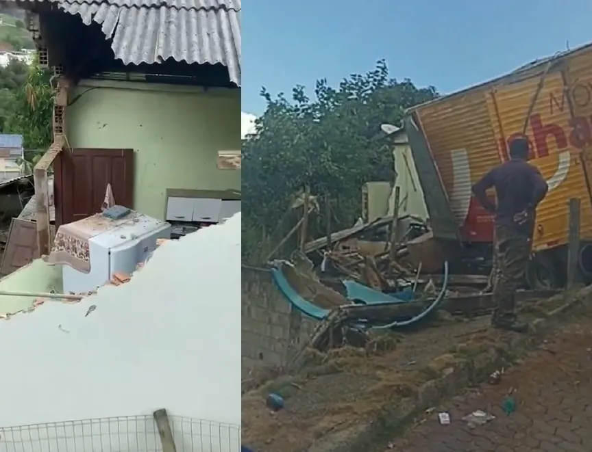 Caminhão-baú atinge casa na lateral de morro em Rio Bananal