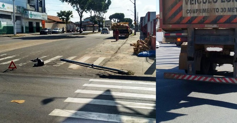 Carreta fura sinal e derruba poste em movimentado trevo da BR-101