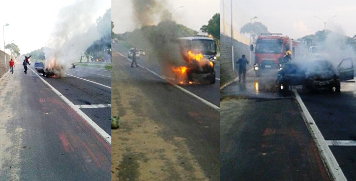 Carro de Guarda Municipal pega fogo na BR-101