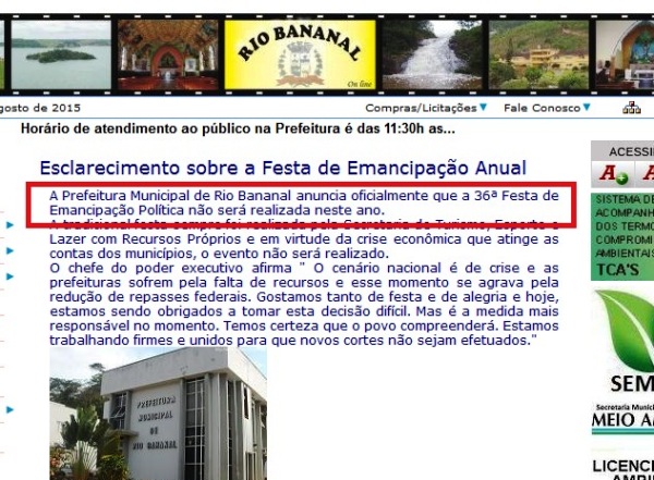 Crise: confirmado cancelamento da festa de Rio Bananal