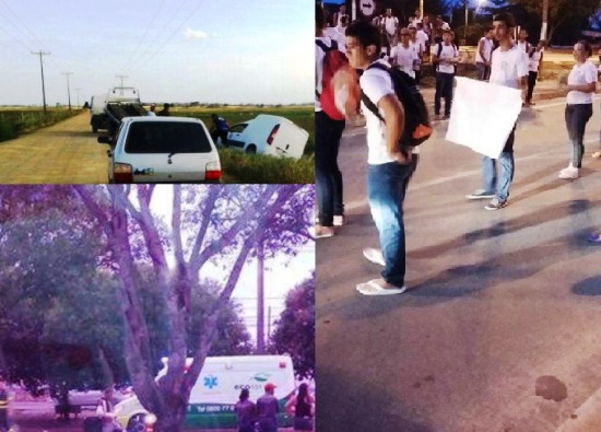 Cenas da cidade: acidente no interior e na sede, protesto de estudantes na BR-101