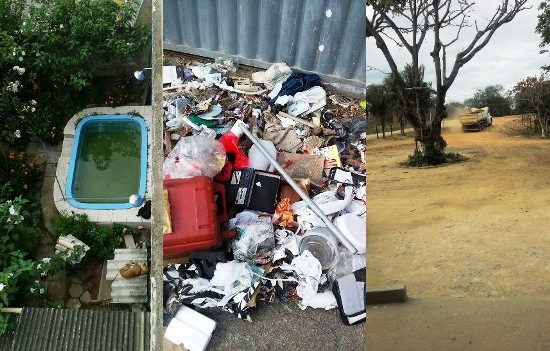 Sujeira na calçada e em piscina no Interlagos, e poeira no Olaria