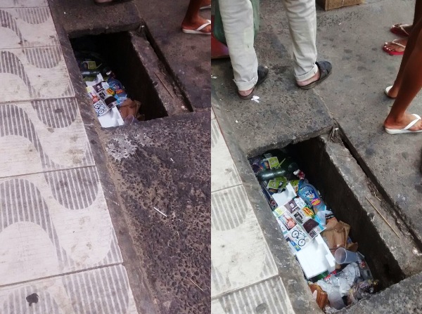 Bueiro sem grade e cheio de lixo no Centro de Linhares