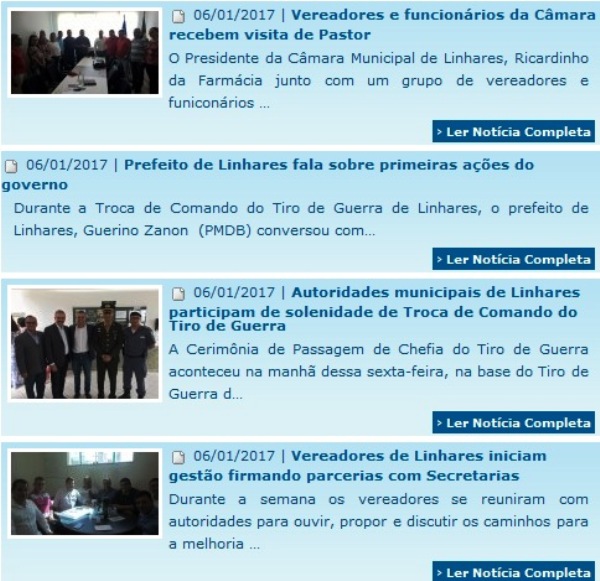 Site da Câmara de Linhares traz informações assinadas por três servidores