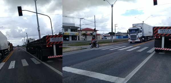 Tudo errado: Moto no lugar de pedestres e carreta estacionada sobre faixa no Santa Cruz